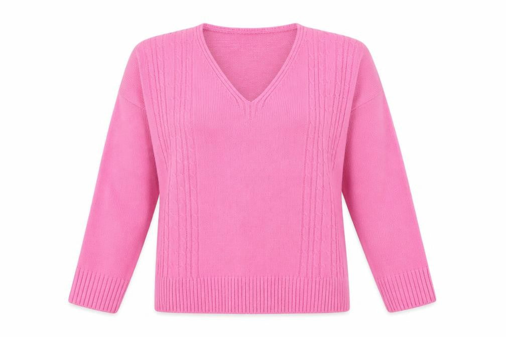 Front view of CHIC women’s pink v-neck acrylic jumper, size L