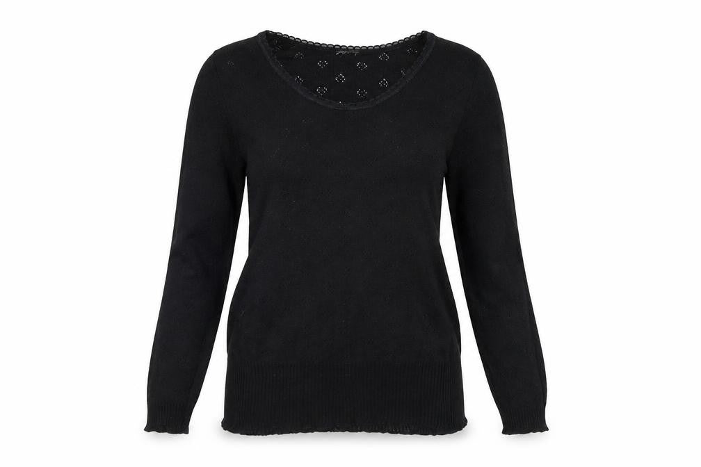 Front view of Preworn women’s black round neck polyester jumper, size M