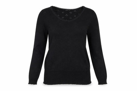 Front view of Preworn women’s black round neck polyester jumper, size M