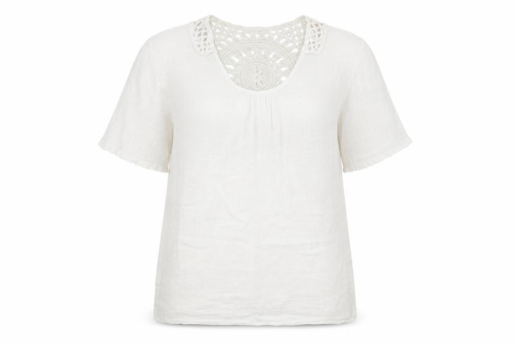 Front view of Preworn women’s white cotton basic blouse, size L, scoop neck