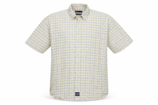 Front view of BHS men’s ivory plaid cotton button-up, size L, collared button
