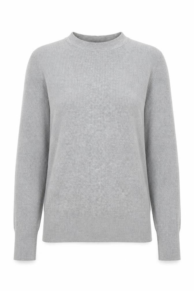 Front view of Marks & Spencer women’s grey round neck acrylic jumper, size UK 8