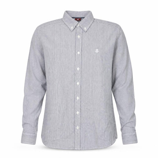 Front view of Blakely women’s blue striped cotton basic button-up, size L, collared