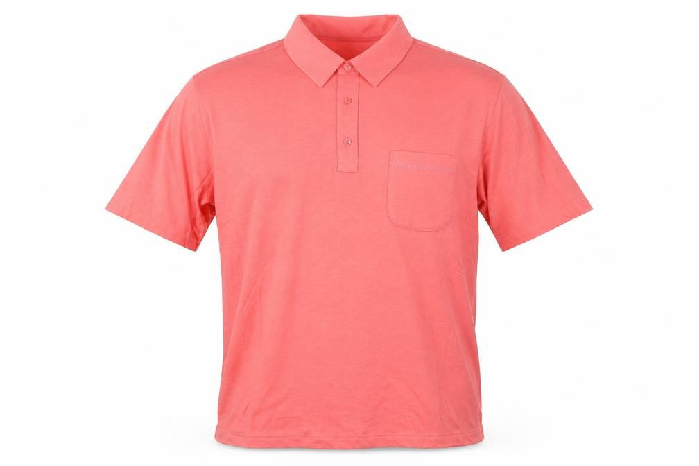 Front view of St Michael men’s pink cotton polo, size L, collared button