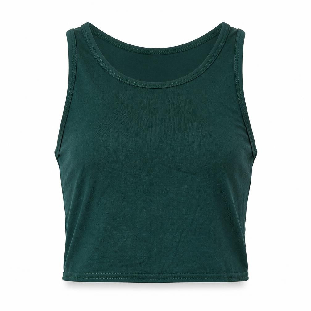 Front view of PRETTYLITTLETHING women’s green viscose cropped tank, size UK 4, crew neck