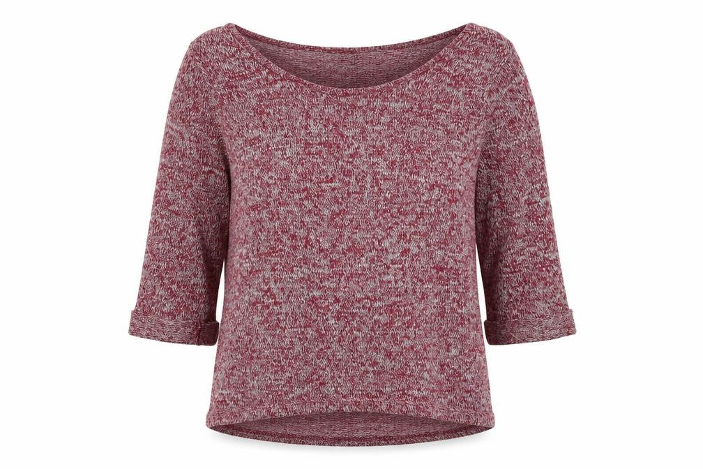 Front view of New Look women’s red boat neck geometric polyester jumper, size UK 14