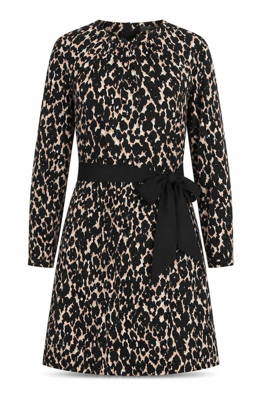 Front view of Great Plains women’s black animal print polyester a-line, size L, round neck button