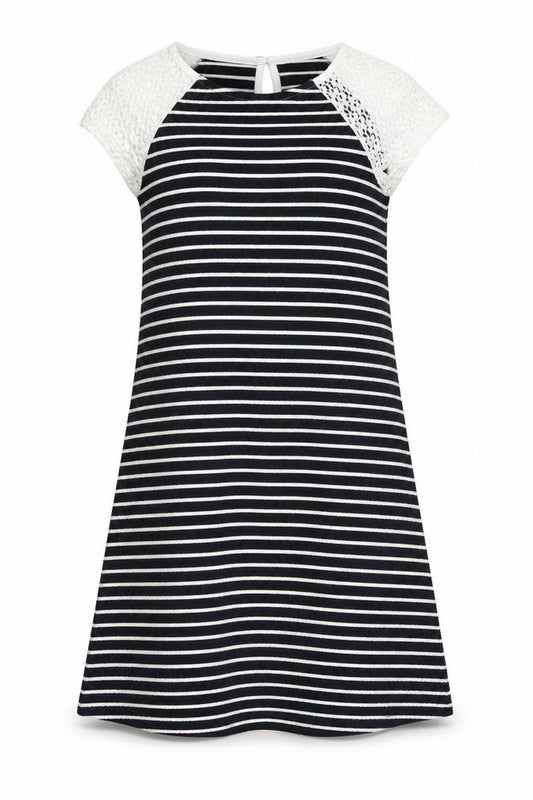 Front view of Young Dimension girls’ blue striped polyester a-line, size 12-13, years round neck button - lace sleeve detail