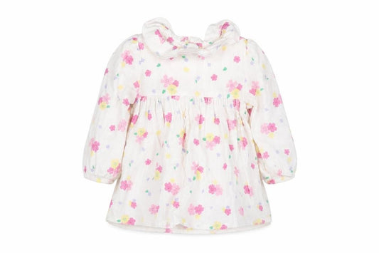 Front view of Marks & Spencer girls’ white floral 100% cotton a-line, size 3-6, months crew neck button