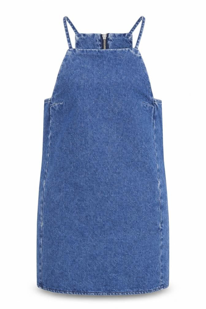 Topshop Womens Blue Cotton Pinafore/Dungaree Dress Size 4 Scoop Neck Zip