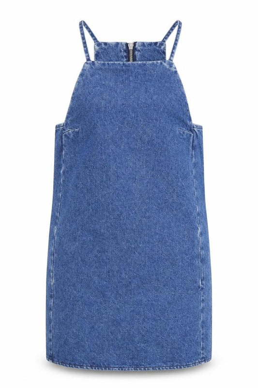 Front view of Topshop women’s blue cotton pinafore/dungaree dress, size UK 4, scoop neck zip