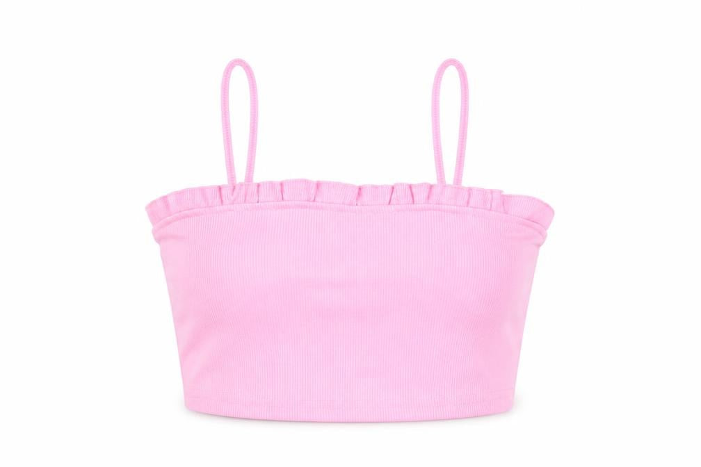 Front view of SHEIN women’s pink polyester cropped tank, size S, square neck - ribbed