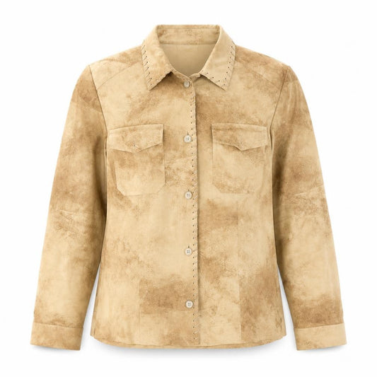 Front view of Hucke Woman women’s beige polyester jersey button-up, size UK 12, collared