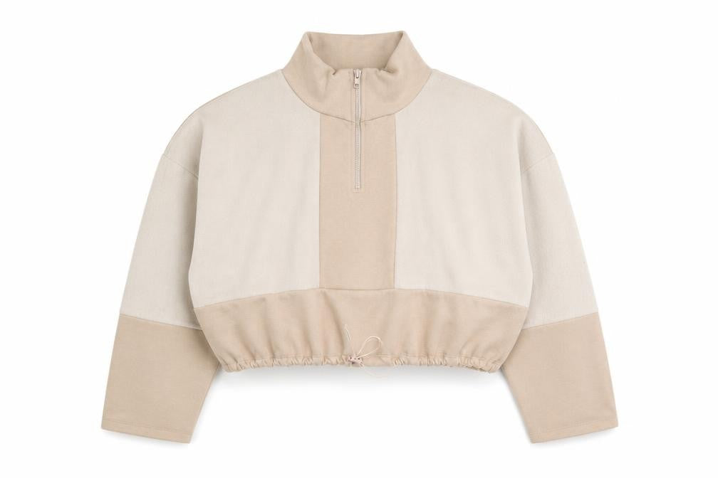 Front view of Topshop women’s brown polyester pullover sweatshirt, size L, zip - cropped batwing