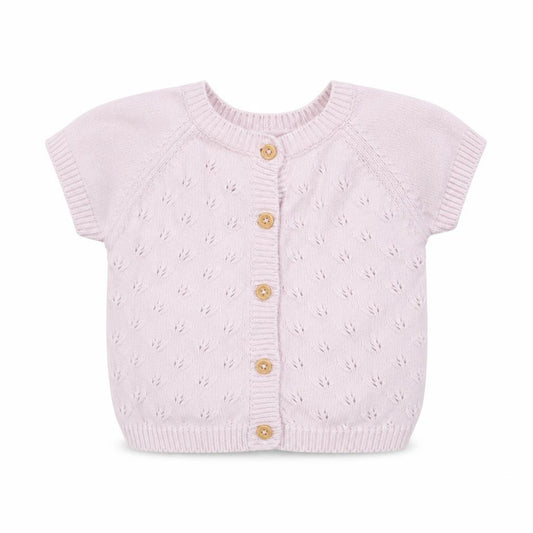 Front view of NAME IT girls’ pink cotton cardigan jumper, size 6-9, months button
