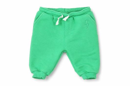 Front view of Leigh Tucker boys’ green cotton jogger trousers, size 3-6, months drawstring