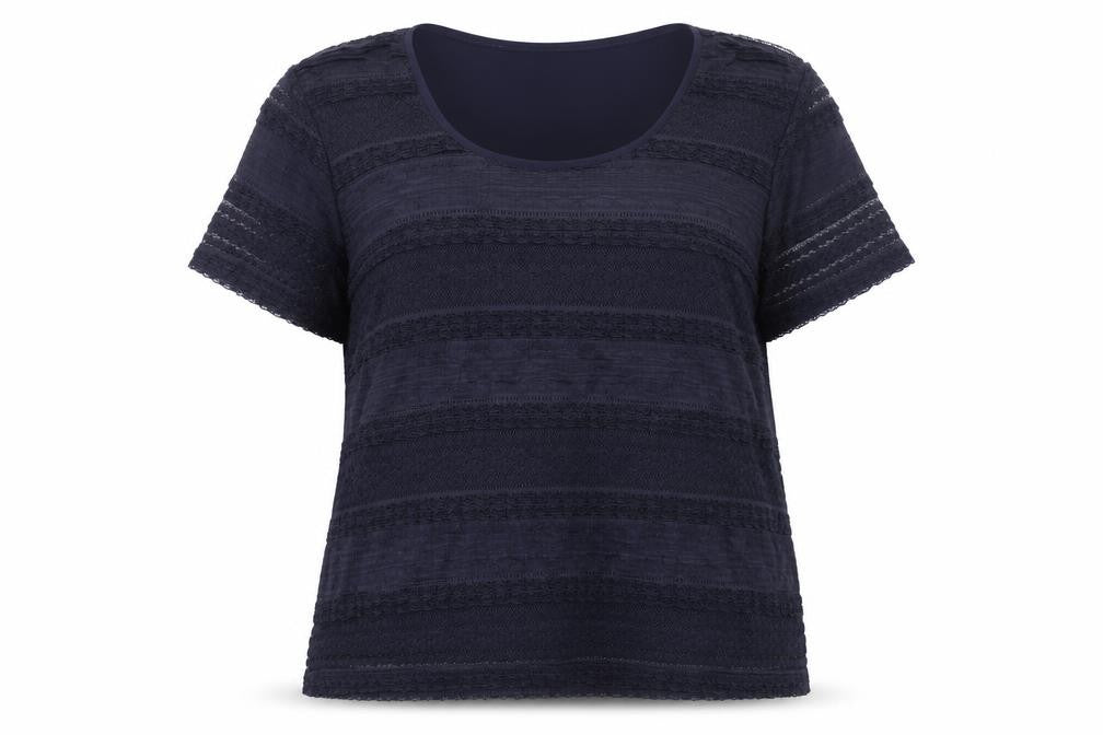 Preworn Womens Blue Polyester Basic T-Shirt Size L Scoop Neck - Lace Detail