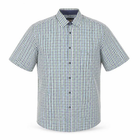 Front view of Drifter men’s green check polyester button-up, size L, collared button