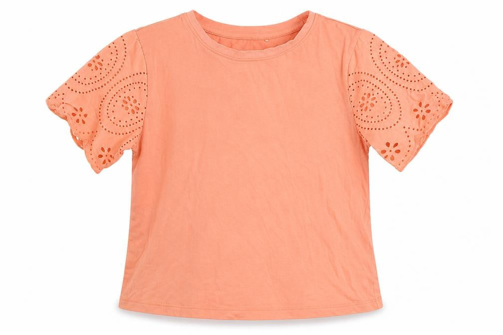 Front view of Next girls’ orange 100% cotton basic t-shirt, size 6, years round neck pullover
