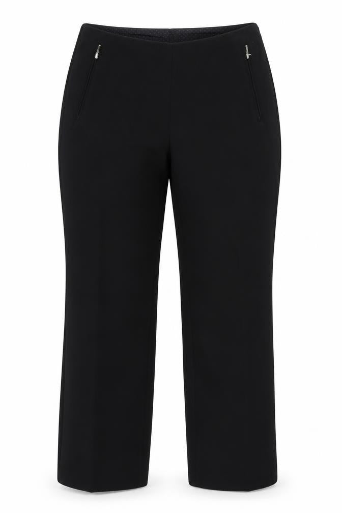 Front view of Marks & Spencer women’s black polyester trousers, size UK 12, 28-inch leg regular zip