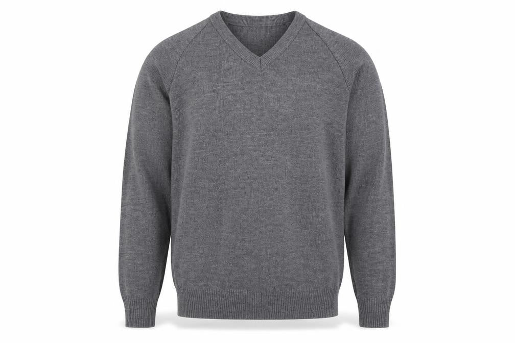 Front view of Hunter men’s grey v-neck acrylic jumper, size S