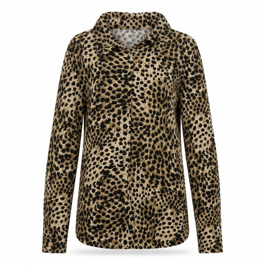 Front view of H&M women’s brown animal print modal basic button-up, size XS, collared