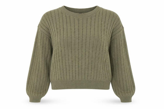 Front view of PRETTYLITTLETHING women’s green round neck acrylic jumper, size L