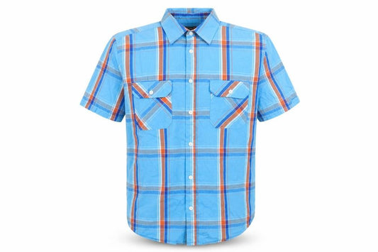 Front view of Atlas for Men men’s blue plaid cotton button-up, size L, collared button