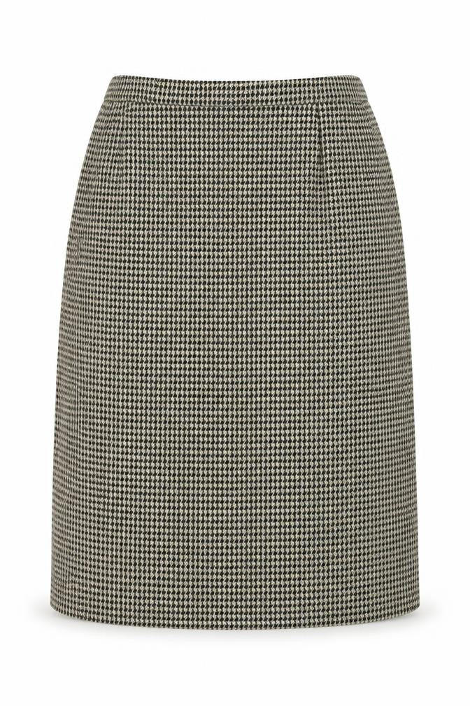 Front view of Compliments women’s beige geometric polyester a-line skirt, size UK 18, button