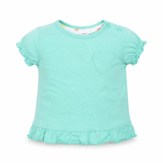 Front view of F&F girls’ green cotton basic t-shirt, size 3-6, months crew neck button - heart