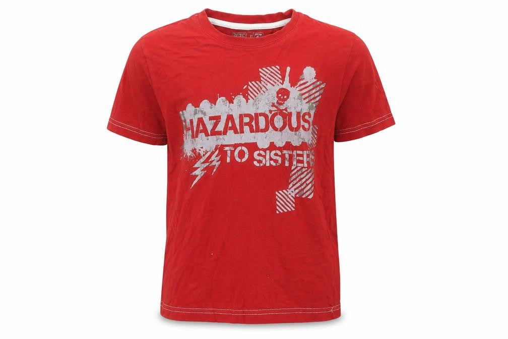Front view of Primark boys’ red cotton basic t-shirt, size 6-7, years crew neck pullover - hazardous