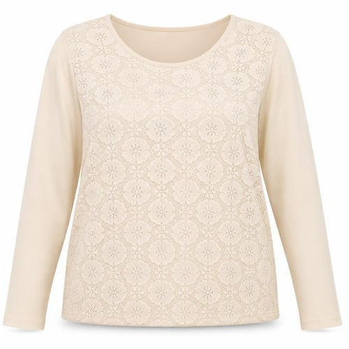 FANGHUA Womens Beige Crew Neck Floral Cotton Pullover Jumper Size 2XL