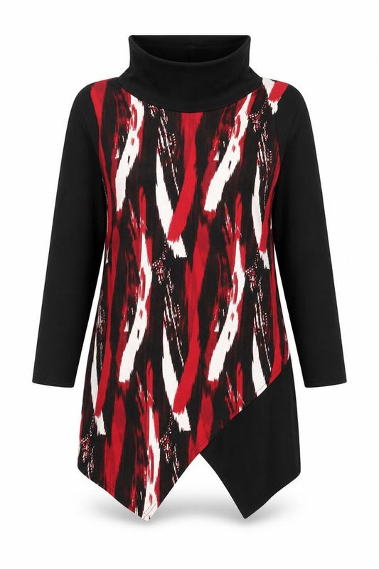 Front view of Marble women’s red geometric polyester a-line, size M, roll neck pullover