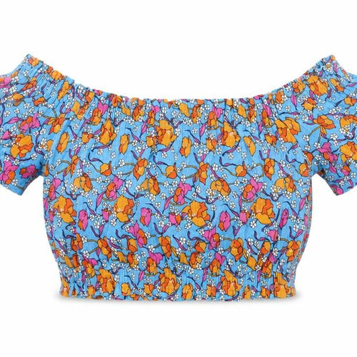 Topshop Womens Blue Floral Cotton Cropped T-Shirt Size 10 Off the Shoulder