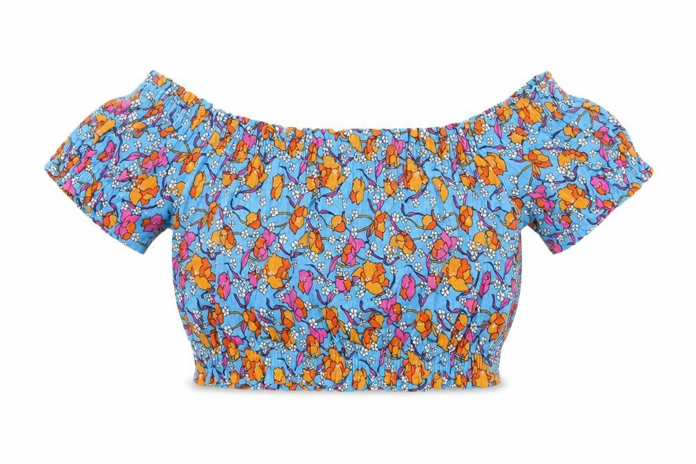 Topshop Womens Blue Floral Cotton Cropped T-Shirt Size 10 Off the Shoulder