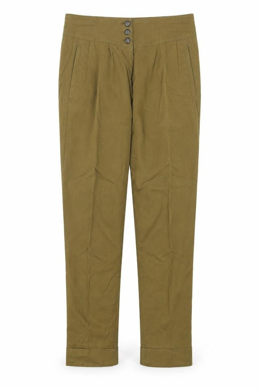 Front view of Topshop women’s green cotton trousers, size UK 6, 28-inch leg regular button