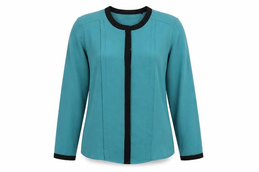 Front view of ESPRIT women’s green polyester basic button-up, size UK 8, crew neck