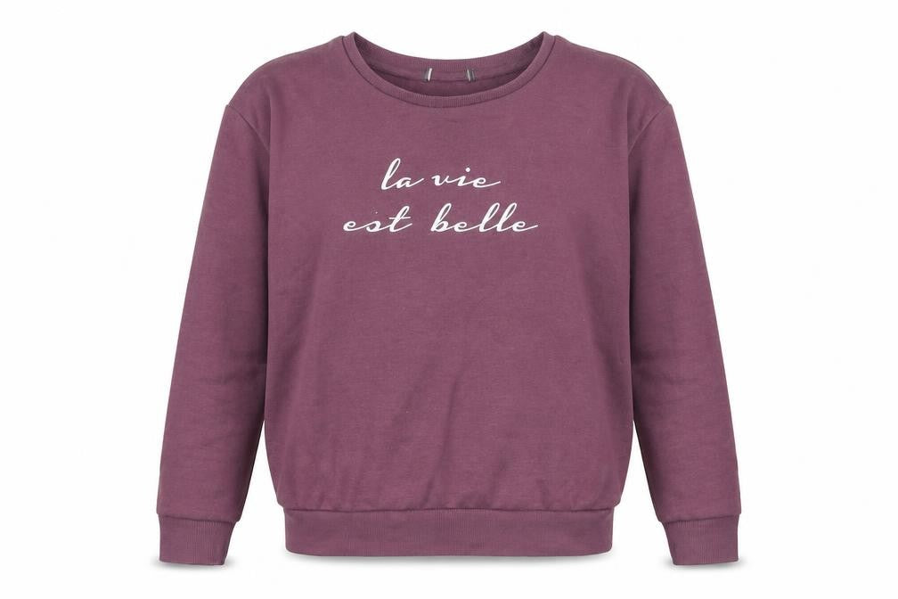 Front view of Primark women’s purple polyester pullover sweatshirt, size UK 8, pullover - la vie est belle