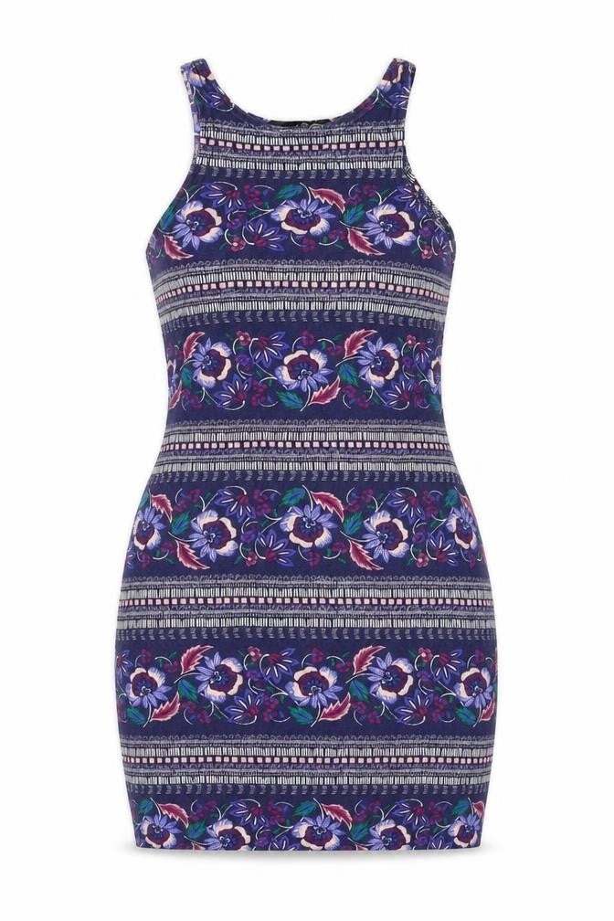 Front view of Atmosphere women’s blue floral viscose basic tank, size UK 12, round neck