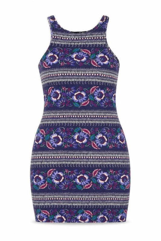 Front view of Atmosphere women’s blue floral viscose basic tank, size UK 12, round neck