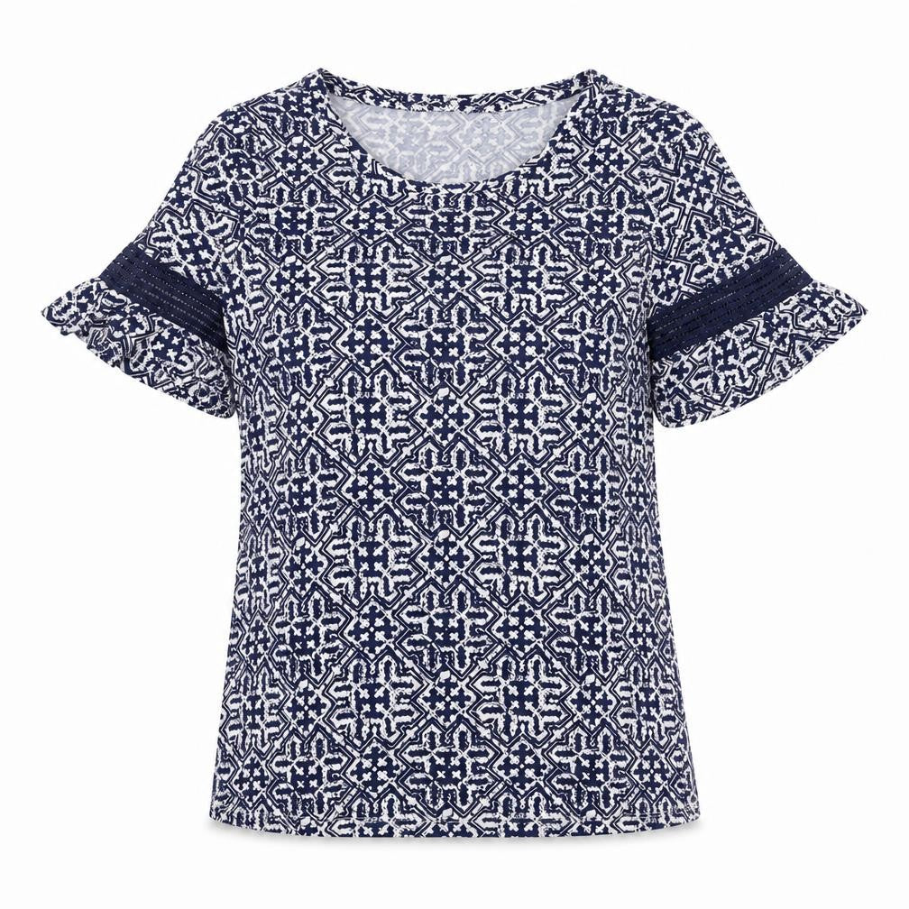 Front view of F&F women’s blue geometric viscose basic t-shirt, size UK 8, round neck