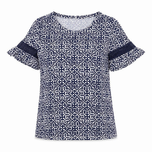 Front view of F&F women’s blue geometric viscose basic t-shirt, size UK 8, round neck