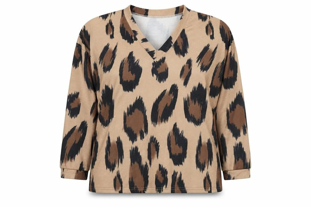 Front view of Sheilay women’s brown v-neck animal print polyester jumper, size M