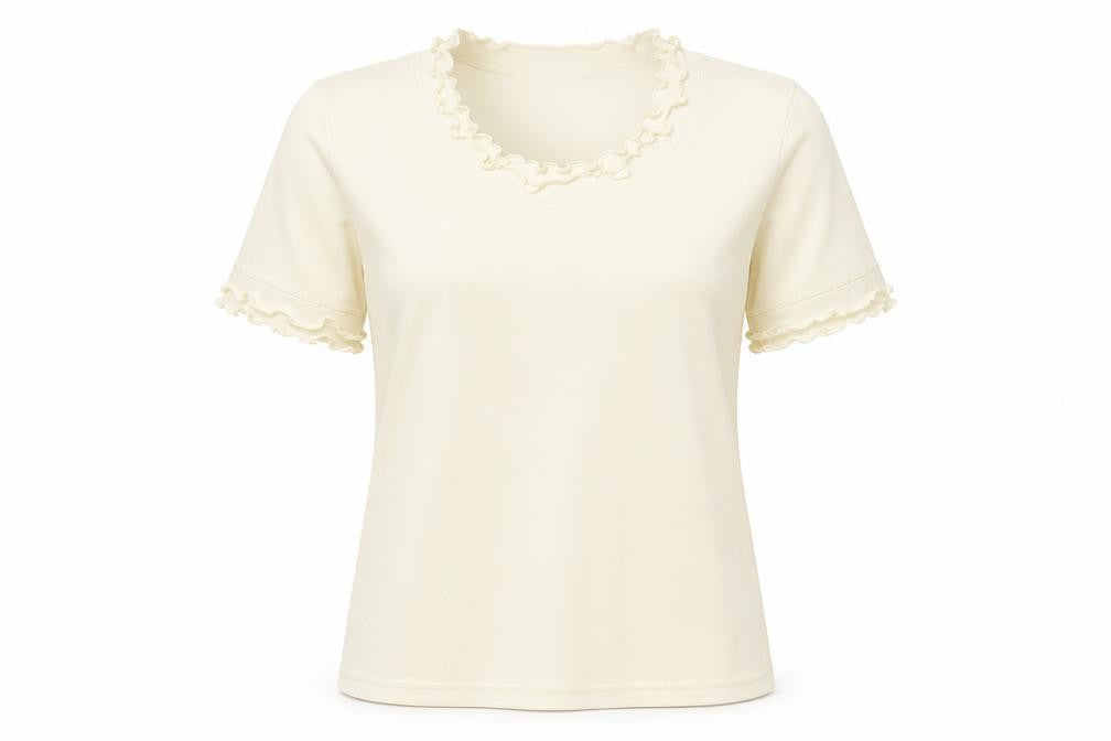 Front view of Emreco women’s ivory polyester basic t-shirt, size UK 10, round neck - lettuce hem