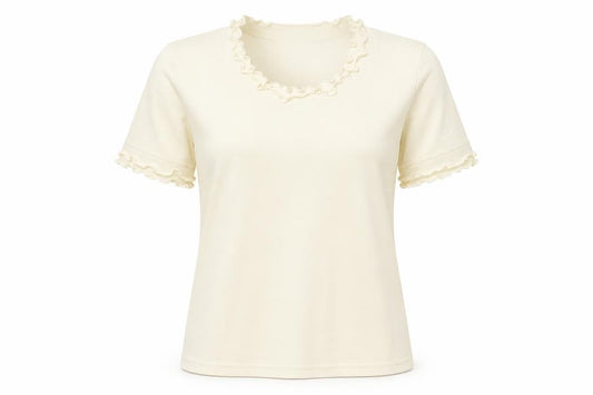 Front view of Emreco women’s ivory polyester basic t-shirt, size UK 10, round neck - lettuce hem