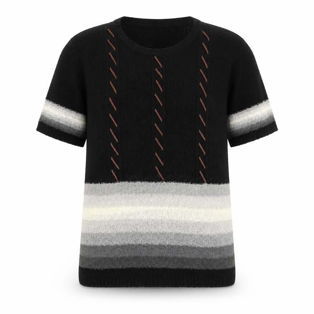 Front view of Welyine women’s black round neck striped polyester jumper, size M