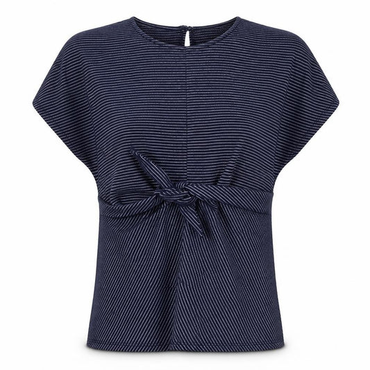 Front view of Savida women’s blue striped polyester basic t-shirt, size M, round neck - knot front