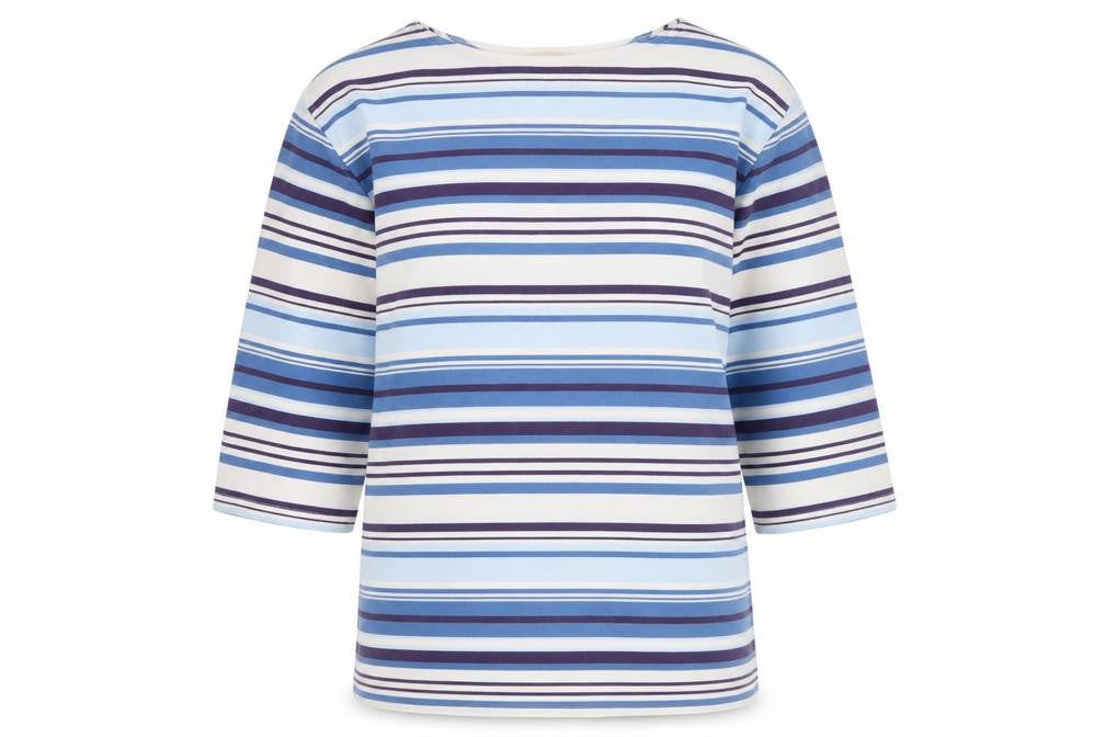 Front view of Bonmarché women’s blue round neck striped polyester jumper, size S
