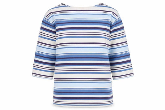 Front view of Bonmarché women’s blue round neck striped polyester jumper, size S