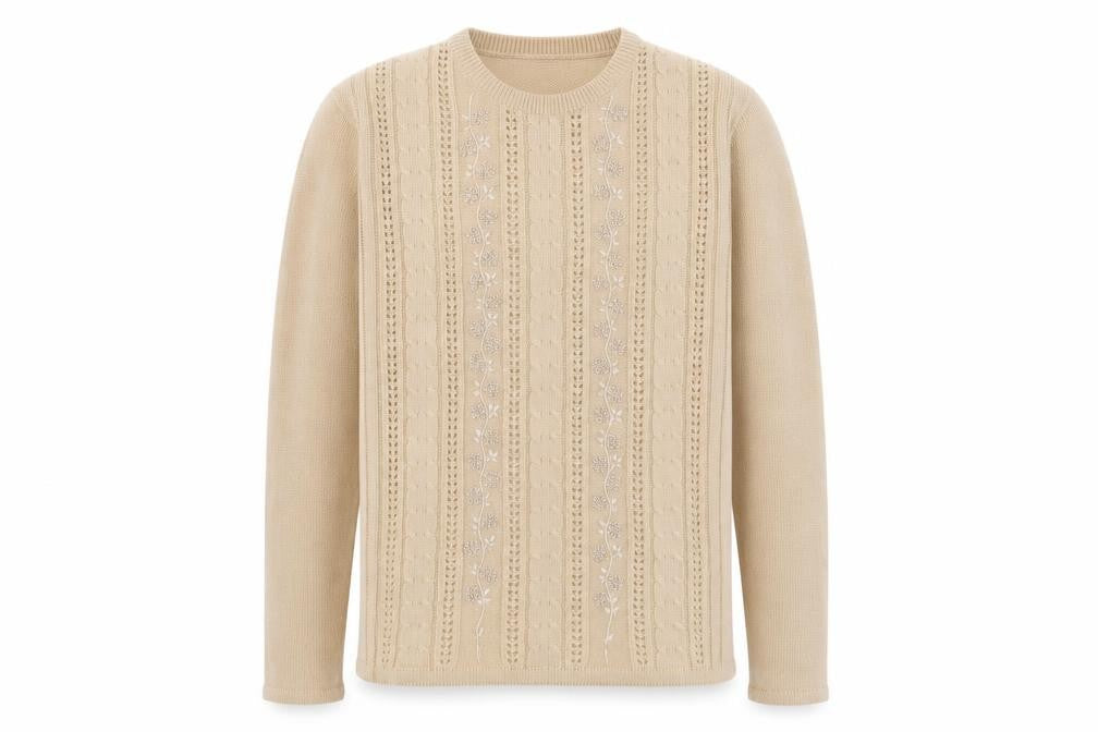 Front view of Jan Eva women’s brown round neck acrylic jumper, size L